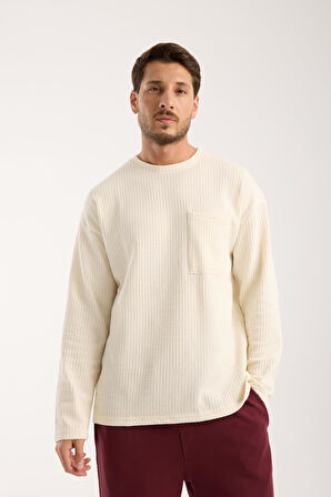Basic Pamuklu Waffle Kumaş Erkek Sweatshirt – Rahat Kesim Düz Renk Uzun Kol Bisiklet Yaka 