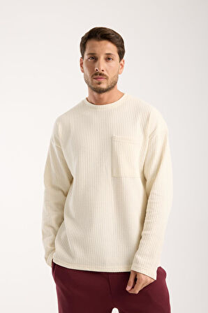 Basic Pamuklu Waffle Kumaş Erkek Sweatshirt – Rahat Kesim Düz Renk Uzun Kol Bisiklet Yaka 