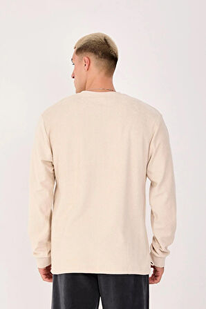 %100 Pamuk Erkek Bisiklet Yaka Oversize Fitilli Kumaş Uzun Kol Sweatshirt