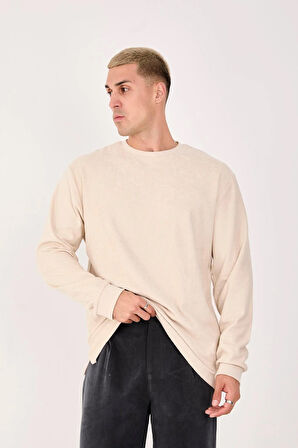 %100 Pamuk Erkek Bisiklet Yaka Oversize Fitilli Kumaş Uzun Kol Sweatshirt