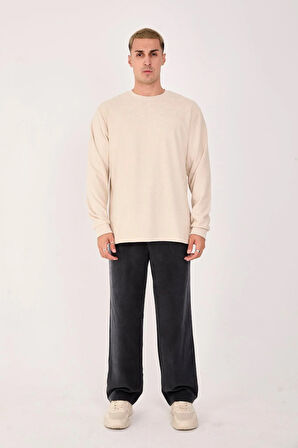 %100 Pamuk Erkek Bisiklet Yaka Oversize Fitilli Kumaş Uzun Kol Sweatshirt