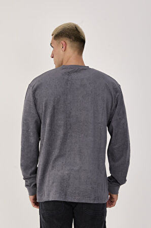 %100 Pamuk Erkek Bisiklet Yaka Oversize Fitilli Kumaş Uzun Kol Sweatshirt