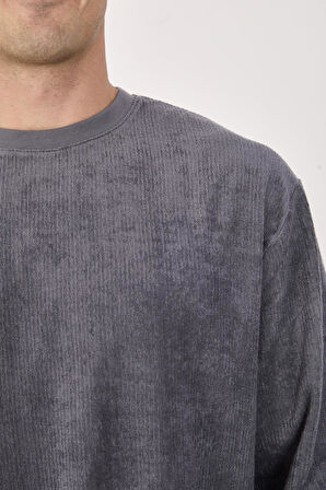 %100 Pamuk Erkek Bisiklet Yaka Oversize Fitilli Kumaş Uzun Kol Sweatshirt