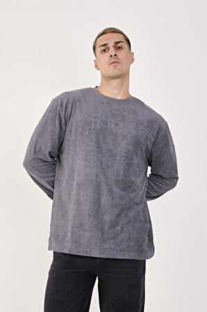 %100 Pamuk Erkek Bisiklet Yaka Oversize Fitilli Kumaş Uzun Kol Sweatshirt