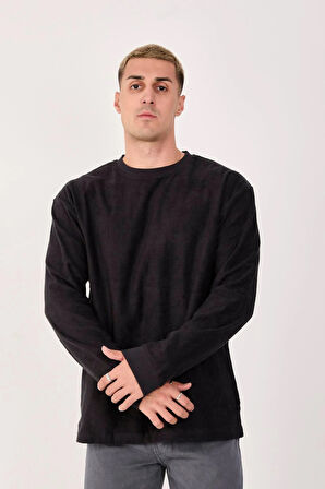 %100 Pamuk Erkek Bisiklet Yaka Oversize Fitilli Kumaş Uzun Kol Sweatshirt