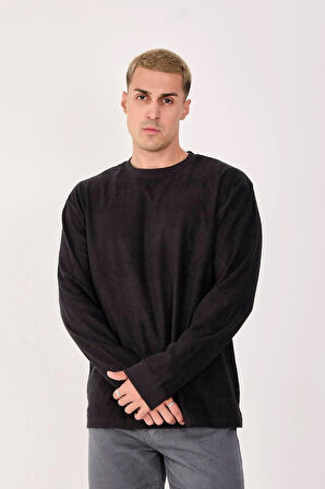 %100 Pamuk Erkek Bisiklet Yaka Oversize Fitilli Kumaş Uzun Kol Sweatshirt