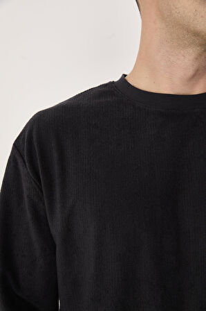 %100 Pamuk Erkek Bisiklet Yaka Oversize Fitilli Kumaş Uzun Kol Sweatshirt