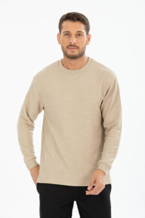 Erkek %100 Pamuk Bisiklet Yaka Örgü/Waffle Dokulu Uzun Kollu Tişört