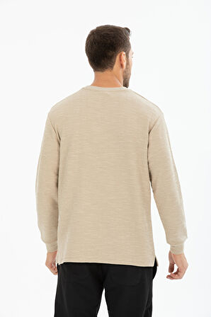 Erkek %100 Pamuk Bisiklet Yaka Örgü/Waffle Dokulu Uzun Kollu Tişört