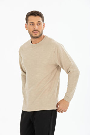 Erkek %100 Pamuk Bisiklet Yaka Örgü/Waffle Dokulu Uzun Kollu Tişört