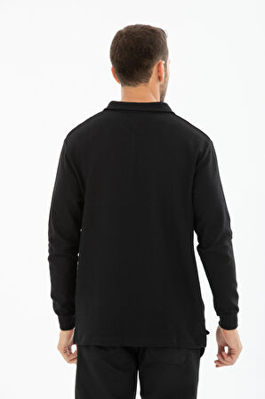 %100 Pamuk Uzun Kollu Polo Yaka Pike Desenli Tişört - Regular Fit Düğmeli 