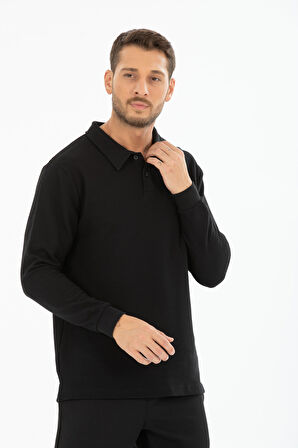 %100 Pamuk Uzun Kollu Polo Yaka Pike Desenli Tişört - Regular Fit Düğmeli 