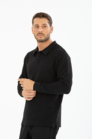 %100 Pamuk Uzun Kollu Polo Yaka Pike Desenli Tişört - Regular Fit Düğmeli 