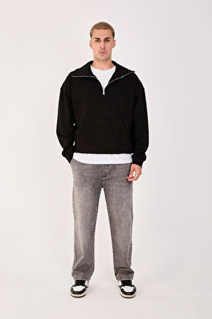%100 Pamuk Erkek Oversize Yarım Fermuarlı Sweatshirt - Rahat Kalıp Kanguru Cep 