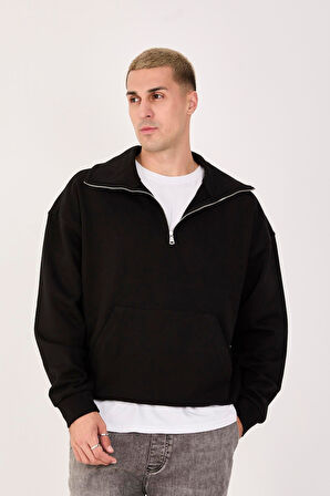 %100 Pamuk Erkek Oversize Yarım Fermuarlı Sweatshirt - Rahat Kalıp Kanguru Cep 