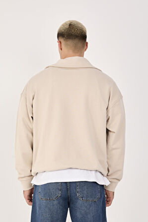 %100 Pamuk Erkek Oversize Yarım Fermuarlı Sweatshirt - Rahat Kalıp Kanguru Cep 