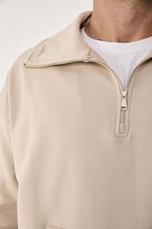 %100 Pamuk Erkek Oversize Yarım Fermuarlı Sweatshirt - Rahat Kalıp Kanguru Cep 
