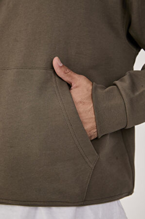 %100 Pamuk Erkek Oversize Yarım Fermuarlı Sweatshirt - Rahat Kalıp Kanguru Cep 