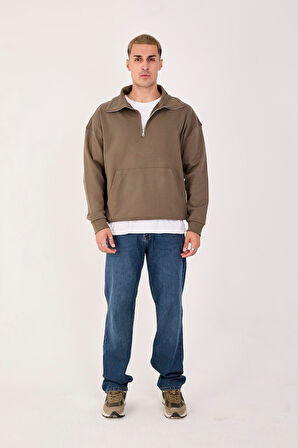 %100 Pamuk Erkek Oversize Yarım Fermuarlı Sweatshirt - Rahat Kalıp Kanguru Cep 