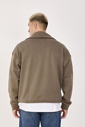 %100 Pamuk Erkek Oversize Yarım Fermuarlı Sweatshirt - Rahat Kalıp Kanguru Cep 
