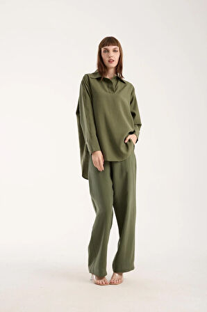 İpeksi Yumuşaklıkta Modal Kumaş Rahat Kesim Uzun Gömlek + Pantolon Takım (2 Parça)