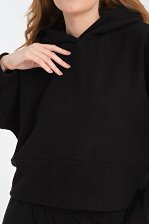 Selanik Kumaş Kısa Kesim Sweatshirt - Kapüşonlu Rahat Kalıp
