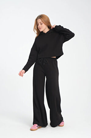 Geniş Paça Bağcıklı Nervürlü Kadın Pantolon/Eşofman Altı