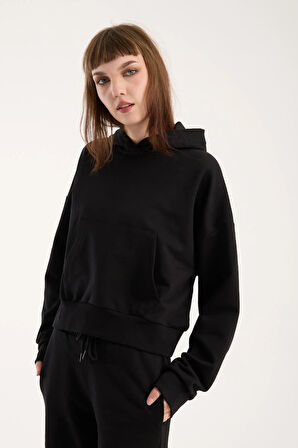 %100 Pamuk Kapüşonlu Ön Cep Detaylı Kadın Sweatshirt
