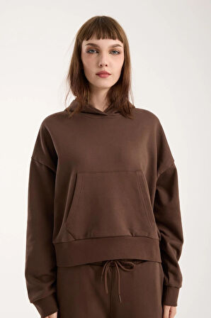 %100 Pamuk Kapüşonlu Ön Cep Detaylı Kadın Sweatshirt