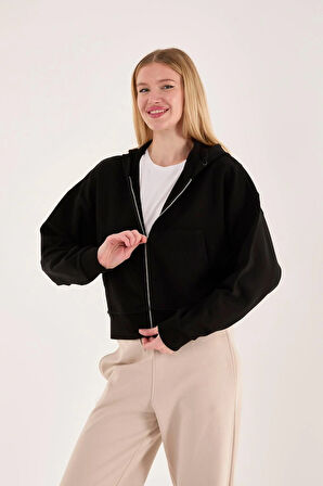 %100 Pamuk Kapüşonlu Fermuarlı Kadın Sweatshirt