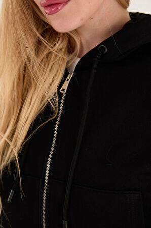 %100 Pamuk Kapüşonlu Fermuarlı Kadın Sweatshirt