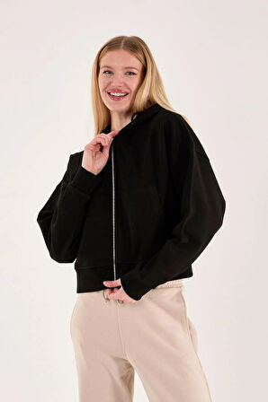 %100 Pamuk Kapüşonlu Fermuarlı Kadın Sweatshirt