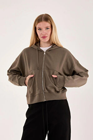 %100 Pamuk Kapüşonlu Fermuarlı Kadın Sweatshirt