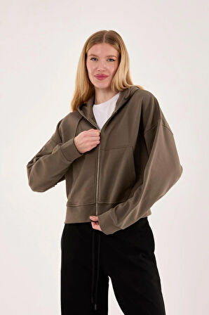 %100 Pamuk Kapüşonlu Fermuarlı Kadın Sweatshirt