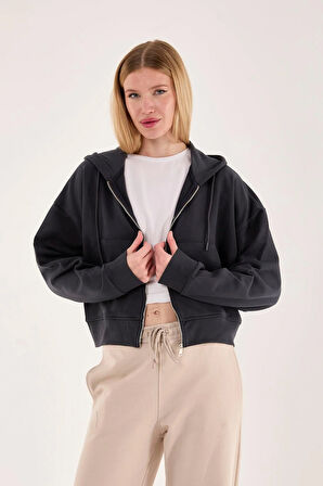 %100 Pamuk Kapüşonlu Fermuarlı Kadın Sweatshirt