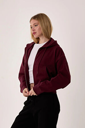 %100 Pamuk Kapüşonlu Fermuarlı Kadın Sweatshirt