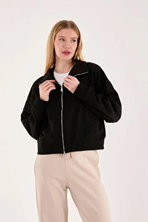 %100 Pamuk Fermuarlı Yüksek Yakalı Kadın Sweatshirt