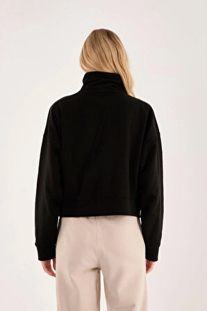 %100 Pamuk Fermuarlı Yüksek Yakalı Kadın Sweatshirt