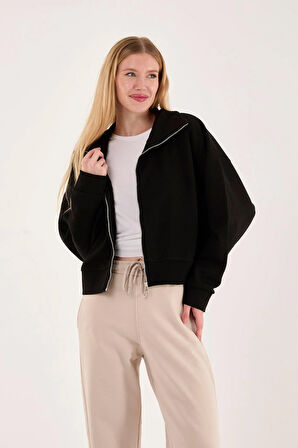 %100 Pamuk Fermuarlı Yüksek Yakalı Kadın Sweatshirt