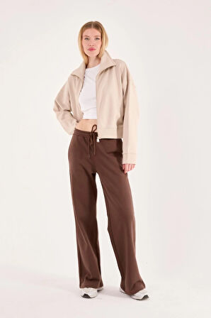 %100 Pamuk Fermuarlı Yüksek Yakalı Kadın Sweatshirt