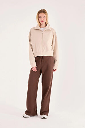 %100 Pamuk Fermuarlı Yüksek Yakalı Kadın Sweatshirt