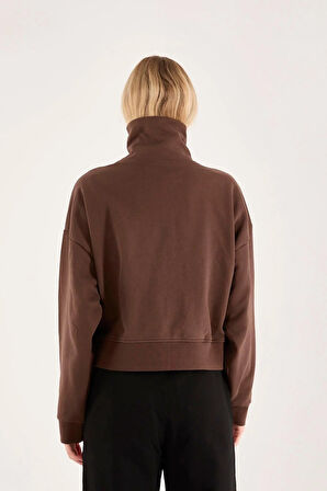 %100 Pamuk Fermuarlı Yüksek Yakalı Kadın Sweatshirt