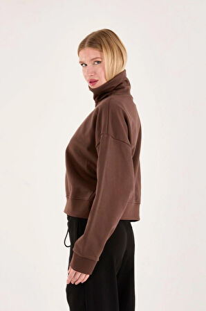 %100 Pamuk Fermuarlı Yüksek Yakalı Kadın Sweatshirt