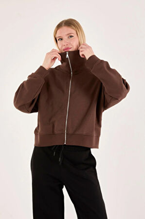 %100 Pamuk Fermuarlı Yüksek Yakalı Kadın Sweatshirt