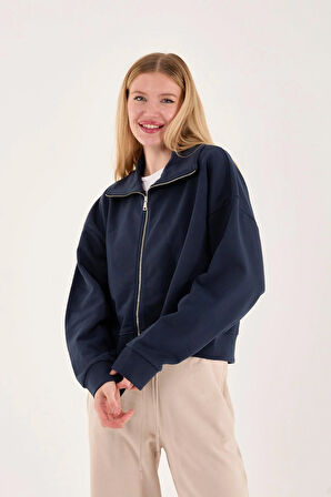%100 Pamuk Fermuarlı Yüksek Yakalı Kadın Sweatshirt