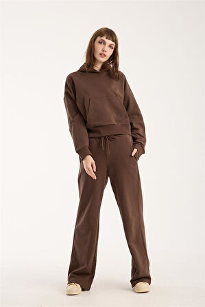 %100 Pamuk Kadın Kapüşonlu Cepli Sweatshirt + Pantolon Takımı (2 Parça)