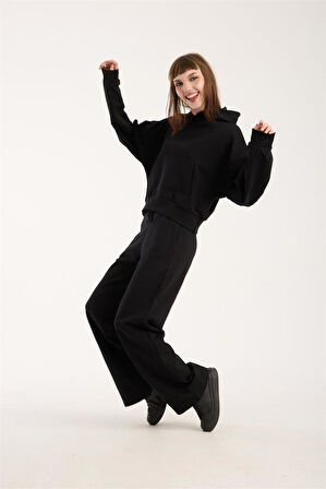 %100 Pamuk Kadın Kapüşonlu Cepli Sweatshirt + Pantolon Takımı (2 Parça)