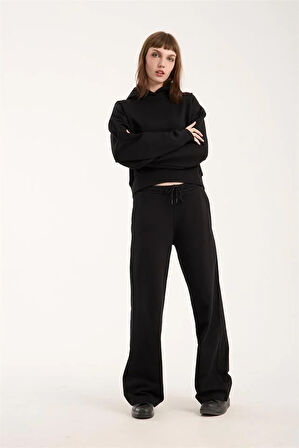 %100 Pamuk Kadın Kapüşonlu Cepli Sweatshirt + Pantolon Takımı (2 Parça)