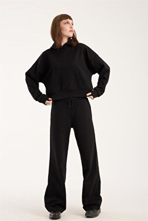 %100 Pamuk Kadın Kapüşonlu Cepli Sweatshirt + Pantolon Takımı (2 Parça)