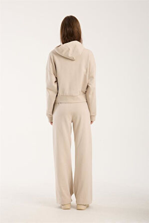 %100 Pamuk Kadın Kapüşonlu Cepli Sweatshirt + Pantolon Takımı (2 Parça)